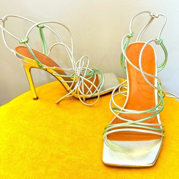 ASOS Nina Silver Mint Strappy Tie Leg Square Toe Sandal Heels Sz 8 - Picture 2 of 13